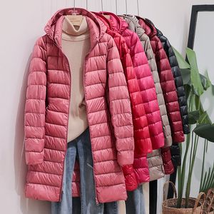 겨울 여성의 다운 재킷 긴 울트라 가벼운 얇은 캐주얼 코트 복어 재킷 슬림 제거 후드 파카 따뜻한 코트 플러스 크기 5xl