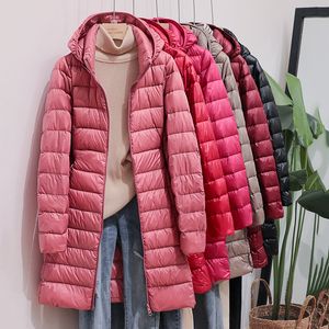 Winter-Daunenjacken für Damen, lang, ultraleicht, dünn, lässiger Mantel, Pufferjacke, schlanker Parka mit Kapuze, warme Mäntel in Übergröße 5XL