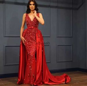 MagnificentRed Gorgeous Beaded Lace Mermaid Evening With Detachable Train V Neck Sequined Prom Gowns Sweep Train Satin Crystals Formal Dress wly935 HKD230912