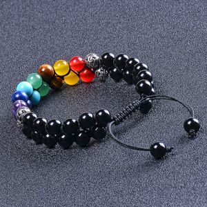 8 mm Yoga 7 Chakra Reiki Heilkristall-Edelstein-Armband, doppellagig, verstellbare Perlen, Lava-Achat-Armbänder, Armband für Damen und Herren, Modeschmuck