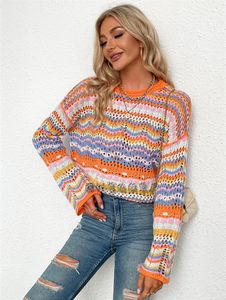 Women's Sweaters Rainbow Sweater Autumn Winter Women Casual Round Neck Long Sleeve Loose Pullovers Lady Fashion Patchwork Knitted Striped Sweater
