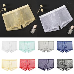 Underbyxor män boxare trosor sexiga ultratunna transparenta mesh andningsbara shorts underkläder is silk sommar midvist trosor cool