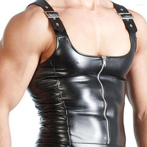 Men's Body Shapers Sexy Men Underwear Sleeveless Open Crotch Faux Leather Zipper Bodysuit Shorts Jumpsuit2163
