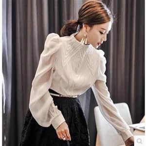 Primavera nueva moda coreana mujer cuello alto manga larga puff bordado encaje patchwork gasa OL blusa shirt221s