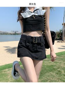 Skirts Summer Denim Mini Skirt Women's High Waist Wide Waistband Black Blue Y2K Style Washed