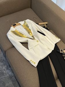 2023 outono branco cor sólida frisado blazers manga longa entalhado-lapela lantejoulas único breasted outwear casacos o3g302689