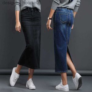 Etek etekler klasik denim etek kadınlar uzun jean yüksek bel kalem bayanlar streç siyah mavi faldas largas jupe longue femme 230615 l230912