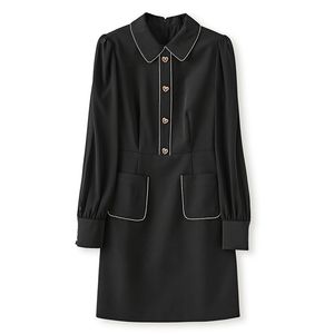 2023 Summer Black Solid Color Dress Long Sleeve Lapel Neck Buttons Knee-Length Casual Dresses S3S08W09080904