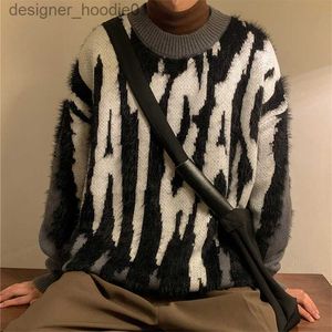 Herrtröjor Menströjor Antarktis Velvet Ferret Threedimensional Jacquard Knitwears Stripe Tassels Treeater Unisex Overdimensionerad runda nacke Pullover Knit 230808