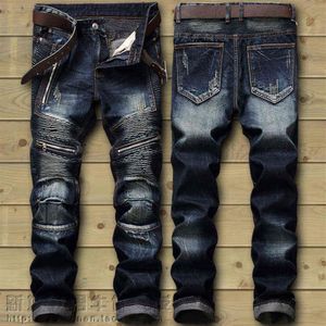 Drop Fashion New Biker Jeans Men's Distressed Stretch Ripped Hip Hop Slim Fit Holes Punk Denim Cotton Pants X220214230Y