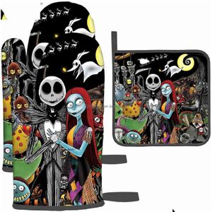 Handskar Halloween och Mitts Oven Pot Holder Set Christmas Kitchen Heat Motent Non Slip för säker grillmatlagning Z230810 Drop Delive DHD58