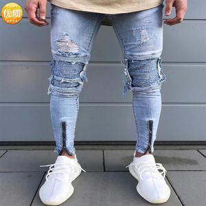 Men Hip Hop Gloria Jeans Hole Cowboy Elastic Foot Zipper Fashion Denim Joggers Mens Jeans246E