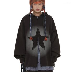 Women's Hoodies Vintage Star Print Graphic Design Zip Hoodie Oversize Long Sleeve Up With Split Hooded Sweatshirts Streetwear Outfits