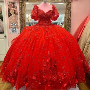 Röd glänsande älskling Princess Lace Applicques Quinceanera Dresses Off Axel Beaded Ball Gown Princess Dress Birthday Sweet 16 Dress