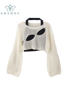 Kvinnors tröjor Autumn Short Hollow Out White Sweater Pullovers Women Korean Vintage Fashion Y2K Streetwear Long Sleeve Top Loose Knitwear 230912