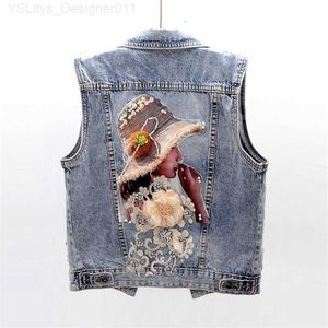 Mäns västar kvinnors västar Spring Autumn Women Denim Coat Diamond Flowers Waistcoat ärmlös vintage kortjacka Jeans Casual kvinnliga toppar 221123 L230912