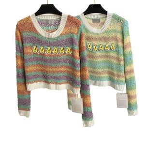 Sequin Stripe Sweater Women Fashion Beaded Letter Knit Sweater Crew Neck Long Sleeved Pullover Knitwear Sweater