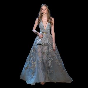 Gatastilklänningar Eleganta Elie Saab klänningar Evening Wear Plunging Neck Lace Formell klänning Illusion Bodice golvlängd En linje paljetterad röda mattor HKD230912