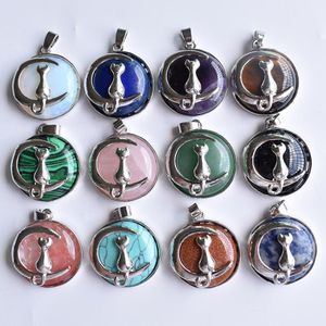 Fashion Cat Moon Pendant for Necklace Round Natural Stone Cute Kitten Lucky Jewelry Fit Women Necklaces Gift