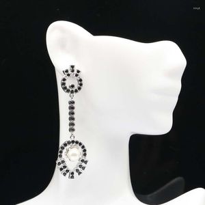 Brincos 63x18mm Design Europeu Longo Branco Safira Preto CZ Moda Jóias Mulher Festa Prata