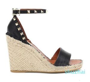 wedge Caged Spikes Wedge Sandals Pumps Straw Weaving Parting Wedding Ankle Strap Platform Gladiator Dress Evening