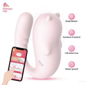 Seks Massagermonster Pub 2 Kadınlar İçin Heyecanlı G-Spot Vibratör Çift Motor Şarj Edilebilir Klitoral Bluetooth Vibratörler Seks Oyuncak (Pembe) X0602
