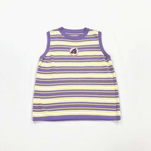 Japanese Style Girl Cherry Womens Vests Fruit Sticker Embroidered Purple Striped Knitted Thin Vest Student