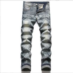 New Autumn Mens Jeans Printed Cotton Pants Small Straight Mid Rise Mens Pants