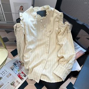 Blusas femininas francês único irregular fora do ombro listra disco botão camisa para mulher outono plissado borda manga longa blusa solta topo