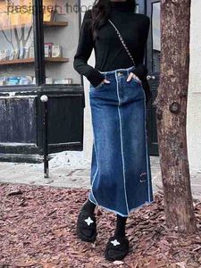 Юбки дизайнерские юбки с высокой талией Женская джинсовая юбка Длинная поступление 2023 года Голубое небо Светло-серый повседневный джинсовый комплект для женщин jupe Longue Femme M2F7 L230912