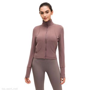 Slim-Fit-Yoga-Sportjacke aus nacktem Stoff für Damen, gerippter Gym-Fitness-Mantel mit durchgehendem Reißverschluss und zwei Taschen/Daumenlöchern