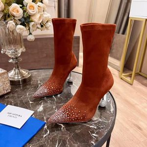 Meia botas de tecido elástico strass decoração luxuosa botas de grife mulheres 10.5cm salto esférico casual casamento moda bota