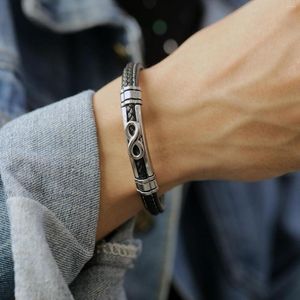 Bangle rostfritt stål läder vävt armband för män casual retro hip-hop rock gåva smycken