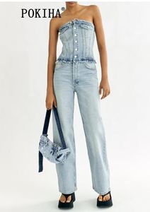 Damen-Overall-Spielanzug, Pokiha, Damen, schick, Denim-Knopf, trägerlos, Röhrenoberteil, Vintage, lässig, rückenfrei, elastische Kraft, weiblich, Streetwear, Playsuits 230912