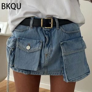 Kjolar bkqu sommarblå denim mini kjolar kvinnor y2k vintage ficka hög midje last jean kjol estetiska koreanska kvinnliga bottnar 230911