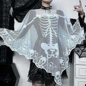 Women's T Shirts Skeleton Lace Poncho Skull Bones Halloween Cape Day Of The Dead Costume For Women Goth Shawl Wrap All Season