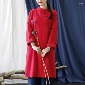 Женские блузки Johnature, женские красные рубашки и топы в китайском стиле на пуговицах с длинными рукавами, осень 2023, женские трапециевидные модели средней длины