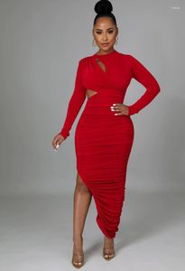 Casual Dresses Kexu Cutout Front Long Sleeve Ruched Up High Side Slit BodyCon Midi Maxi Dress Autumn Winter Sexig Fashion Women Party