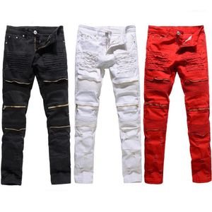 Trendy Men Fashion College Boys Skinny Runway Straight Zipper Denim Pants Destroyed Ripped Jeans Black White Red Jeans1154I