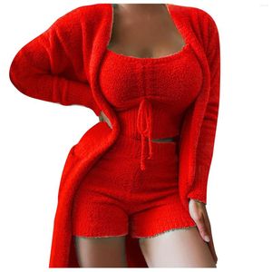 Women's Tracksuits Winter Fur 3 Piece Vest Coat Shorts Three-piece Suit Femme Sweatsuit Tops Women Set Top And High Waist Pants Home Service