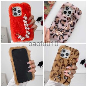 Handyhüllen Diamond Pearl Phone Cases für iPhone 15 14 Pro Max 13 12 11 XR XS X 8 7 Plus Weiche TPU Mode Flauschiges Fell Leopard Echtes Kaninchenhaar Herz Schmetterling Handgelenk Ch