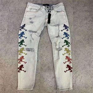 Mens Jeans Men denim Casual Pleated Brodery Patchwork Pants Classic Applique Fashion Holes White Motorcykel Biker Slim Skinny W294V