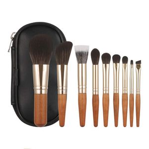 9PCS Travel Portable Makeup Brushes Set Mini Make Up Brushes with Case Foundation Blush Powder Eye Shadow Cosmetic Brushes Wood Handle Makeup Tool