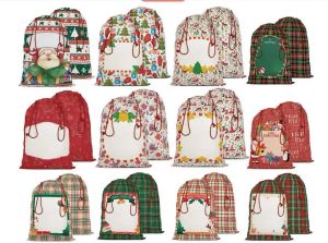 NOVOS sacos de presente de Natal em branco de sublimação Saco de cordão decorado Saco de Papai Noel de lona grande reutilizável com cordões saco de serapilheira para o Natal 46x64cm 18 estilos