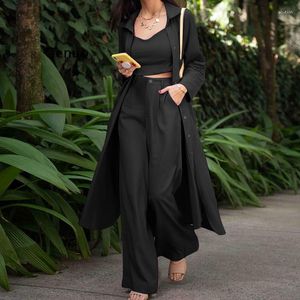 Women's Pants Women Chic Three Piece Set Fashion Single-breasted Windbreaker Coat Top And Lace Up Wide Leg Pant Suit Casual Lady Elegant