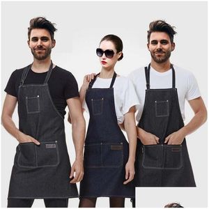 Aprons New Leather Strap Custom Denim Apron For Barbershop Hairdresser Kitchen Men Personalized Coffee Drop Delivery Home Garden Texti Dhni1