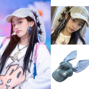 Ball Caps Jeans Minji Haerin Omg Stage Long Rabbit Ear Hat Y2K Style Denim Blue Baseball Cap Fashion Hip-Pop Cap Para urodzin