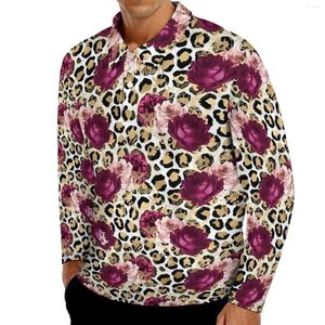 Men's Polos Floral Leopard Polo Shirts Daily Gold And Pink Casual Shirt Long Sleeve Turn Down Collar Cool Pattern Oversized T-Shirts