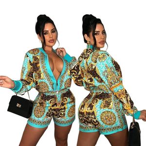 2023 Spring Two Piece Pants Women Designer Print Jacket and Shorts 2pcs Set Long Sleeped Outfits Ship252a