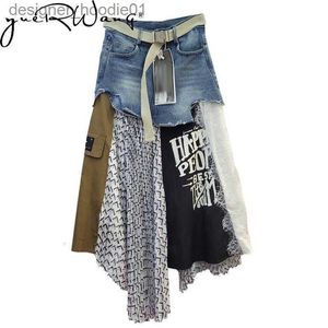 Gonne Gonne Getspring Donna Lungo Patchwork Denim Cuciture Irregolare Vita alta Allentato Tempo libero Asimmetrico Pieghe 230508 L230912